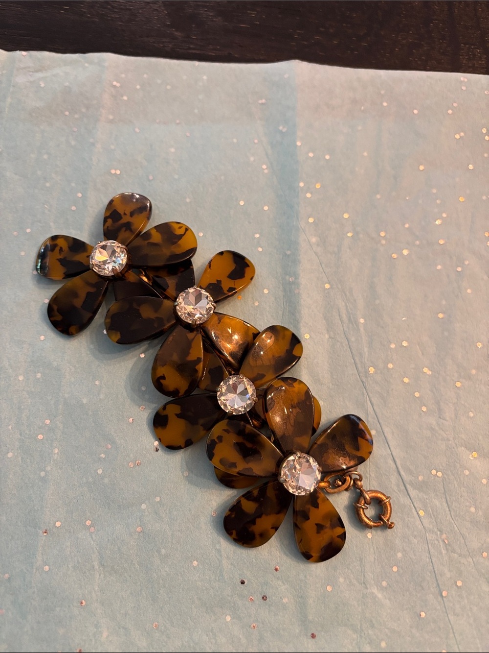 J. Crew Tortoiseshell Flower Link Bracelet with Clear Crystal Centers